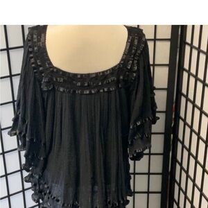 BOHO black beaded with ribbon bell sleeve trim